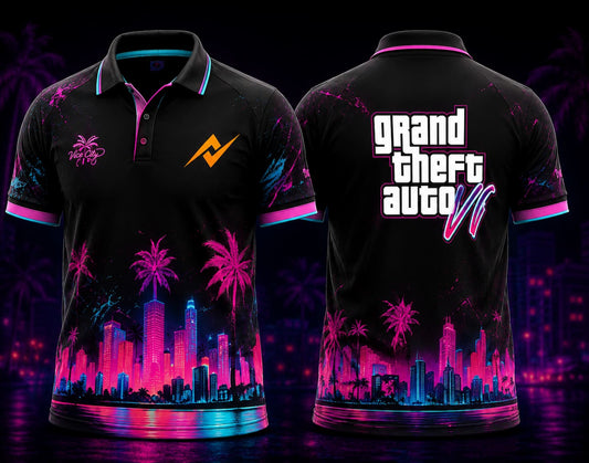 Front and back view of GTA VI Polo Collar Gaming Jersey Design No.01 Vice City Nights Edition featuring a black jersey with neon pink and cyan city skyline graphics, palm trees, and orange logo placement on the chest and back neck.