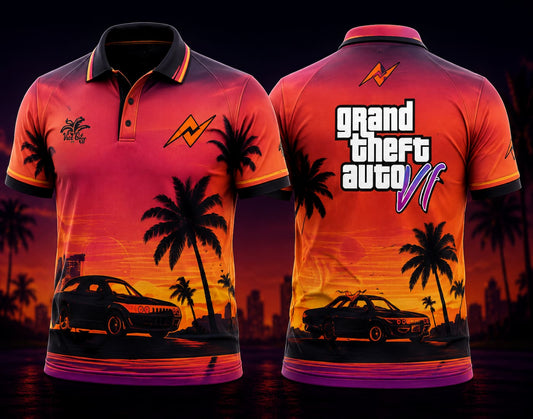 Front and back view of GTA VI Polo Collar Gaming Jersey Design No.02 Sunset Drive Edition featuring orange and pink sunset graphics, retro sports car artwork, palm trees, and orange logo placement on the side chest and below the back collar.