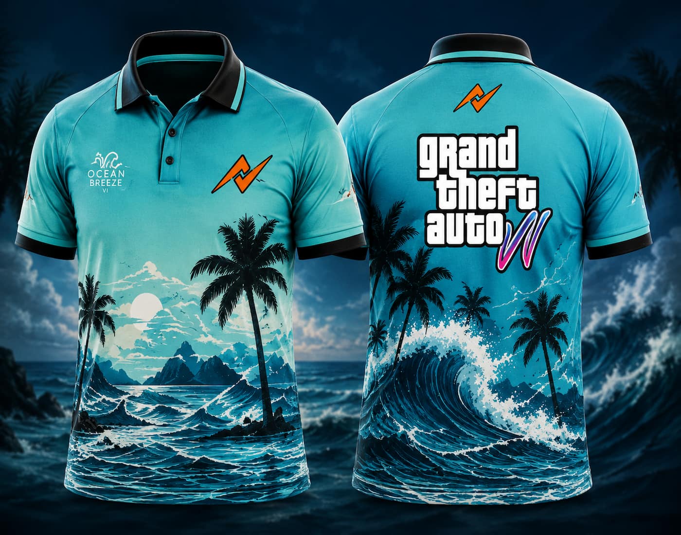 Front and back view of GTA VI Polo Collar Gaming Jersey Design No.03 Ocean Breeze Edition featuring aqua blue ocean graphics, tropical islands, palm trees, wave artwork, and orange logo placement on the side chest and below the back collar.