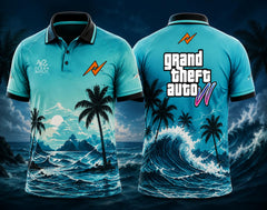 Front and back view of GTA VI Polo Collar Gaming Jersey Design No.03 Ocean Breeze Edition featuring aqua blue ocean graphics, tropical islands, palm trees, wave artwork, and orange logo placement on the side chest and below the back collar.