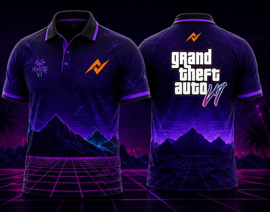 Front and back view of GTA VI Polo Collar Gaming Jersey Design No.04 Retro Wave Edition featuring neon purple mountains, retro grid graphics, synthwave artwork, and orange logo placement on the side chest and below the back collar.