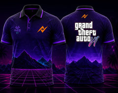 Front and back view of GTA VI Polo Collar Gaming Jersey Design No.04 Retro Wave Edition featuring neon purple mountains, retro grid graphics, synthwave artwork, and orange logo placement on the side chest and below the back collar.
