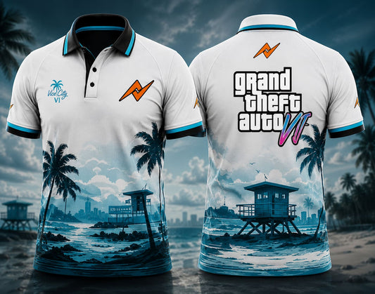 Front and back view of GTA VI Polo Collar Gaming Jersey Design No.06 Beach Patrol Edition featuring white and aqua beach graphics, lifeguard tower artwork, palm trees, and orange logo placement on the side chest and below the back collar.