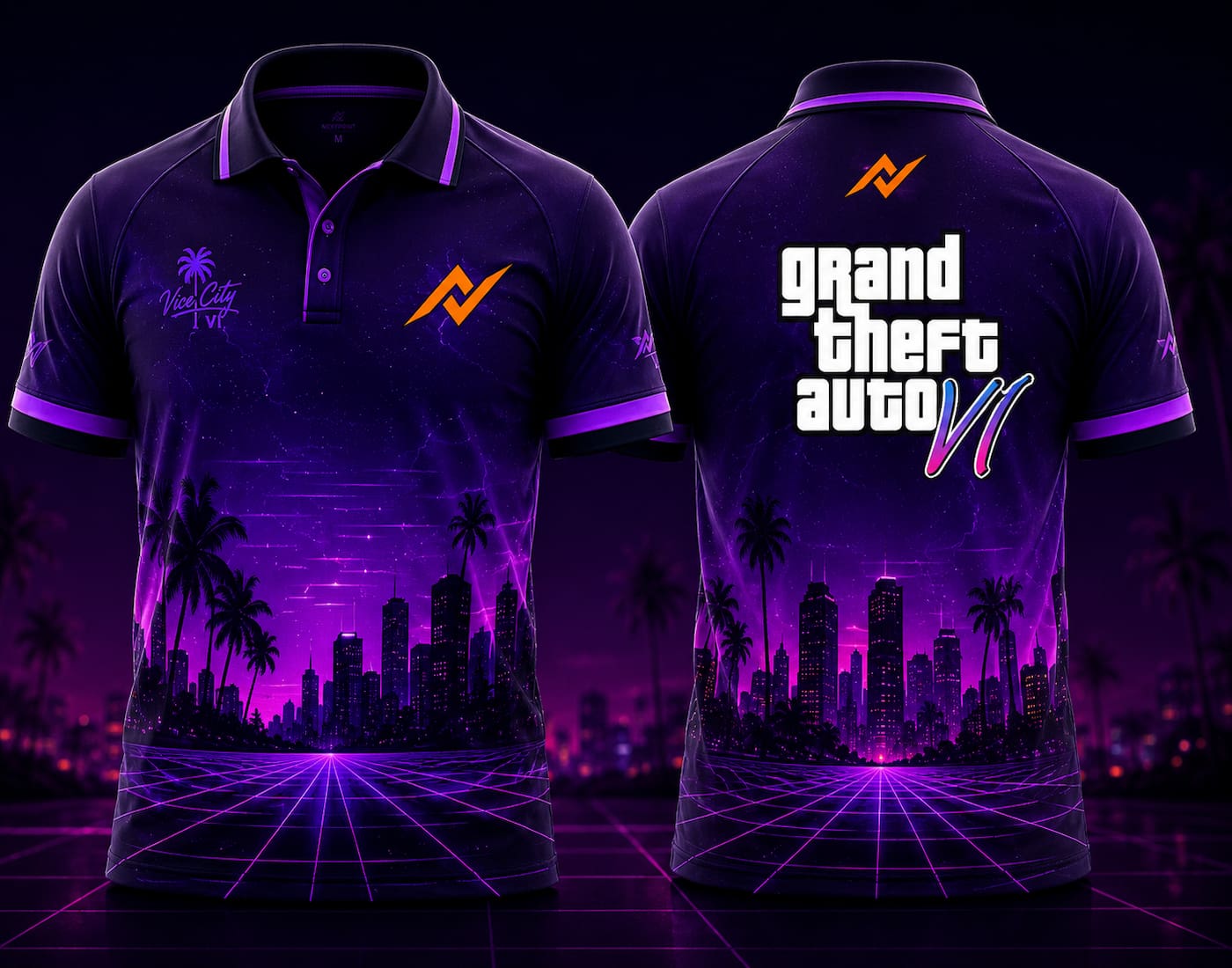 Front and back view of GTA VI Polo Collar Gaming Jersey Design No.07 Neon Horizon Edition featuring purple neon skyline graphics, palm tree silhouettes, and orange logo placement on the side chest and below the back collar.