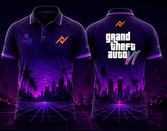 Front and back view of GTA VI Polo Collar Gaming Jersey Design No.07 Neon Horizon Edition featuring purple neon skyline graphics, palm tree silhouettes, and orange logo placement on the side chest and below the back collar.