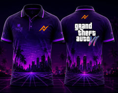 Front and back view of GTA VI Polo Collar Gaming Jersey Design No.07 Neon Horizon Edition featuring purple neon skyline graphics, palm tree silhouettes, and orange logo placement on the side chest and below the back collar.