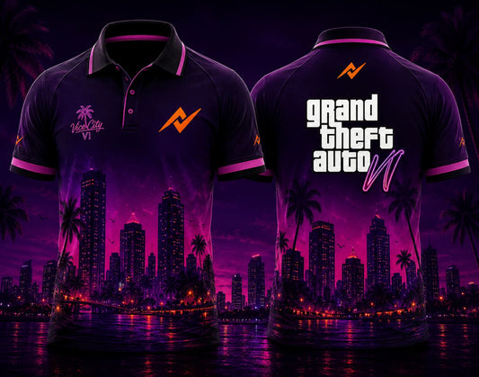 Front and back view of GTA VI Polo Collar Gaming Jersey Design No.10 City Lights Edition featuring neon city skyline graphics, purple and pink Vice City theme, and orange logo placement on the side chest and below the back collar.