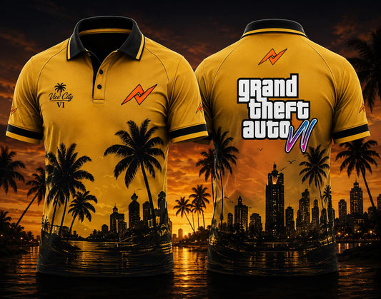 Front and back view of GTA VI Polo Collar Gaming Jersey Design No.11 Golden Hour Edition featuring tropical sunset skyline graphics, palm trees, gold and black color scheme, and orange logo placement on the side chest and below the back collar.