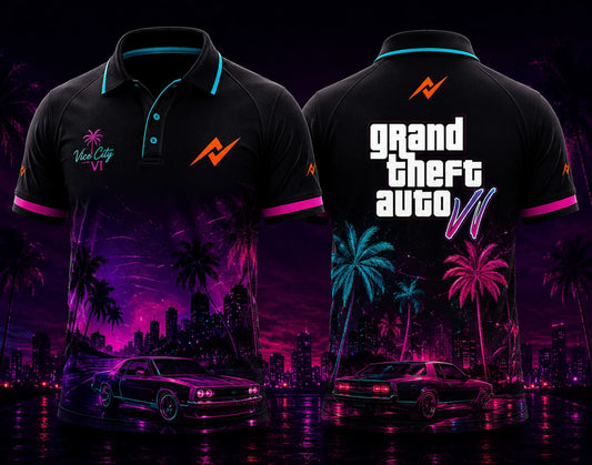 Front and back view of GTA VI Polo Collar Gaming Jersey Design No.12 Vice Legend Edition featuring neon palm trees, retro sports car graphics, black and pink synthwave design, and orange logo placement on the side chest and below the back collar.