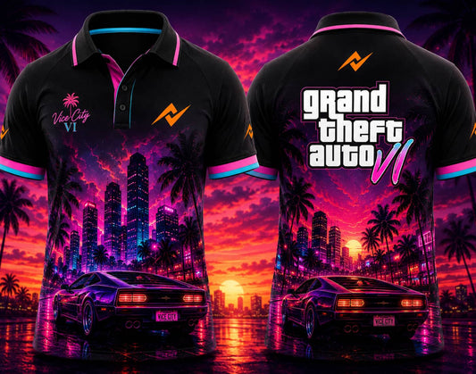 Front and back view of GTA VI Retro Palms premium polo collar gaming jersey featuring purple Vice City sunset artwork, palm trees, retro sports car graphics, front chest logo, and back neck logo placement.