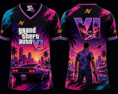 GTA VI Vice City Neon Gaming Jersey Front and Back V Neck Esports Jersey with Pink and Cyan Miami Theme by NextPrint