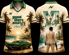 Front and back view of Grand Theft Auto VI Vice City themed premium polo jersey featuring tropical beach artwork, green muscle car, palm trees, and Vice City skyline design.