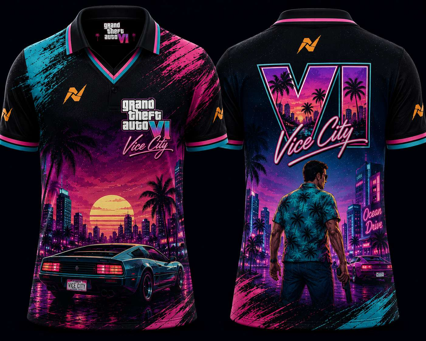 GTA VI Vice City Sunset Gaming Polo Jersey Front and Back with Neon Pink and Cyan Miami Theme by NextPrint