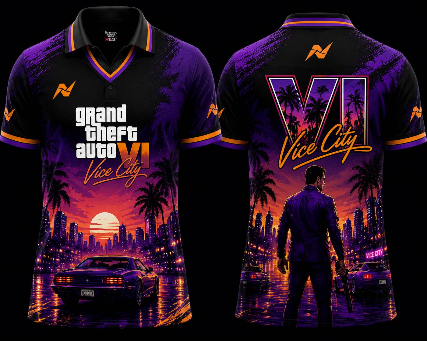 GTA VI Vice City Sunset Purple Orange Gaming Jersey Front and Back V Neck Polo by NextPrint