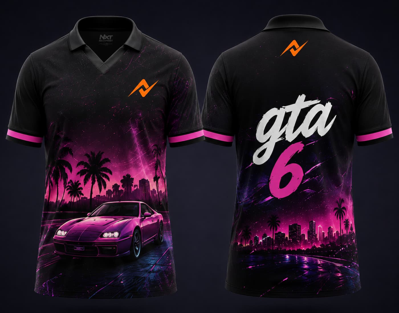 Front and back view of GTA 6 Midnight Racer black neon V-neck polo esports jersey featuring retro sports car artwork with orange chest and back neck logo