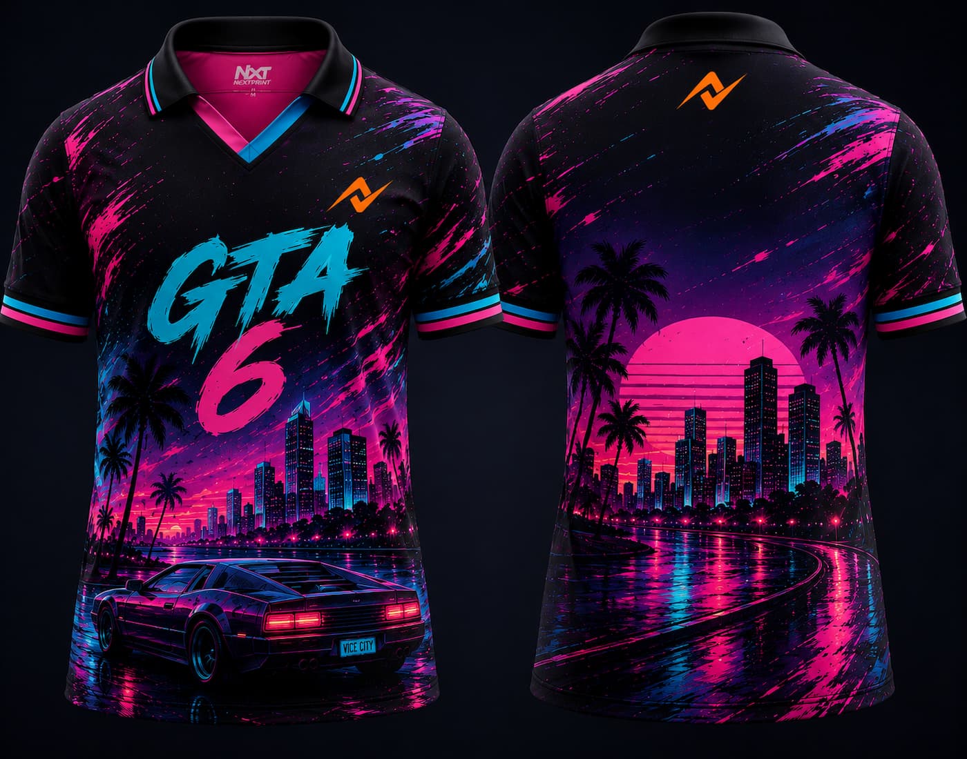 Front and back view of GTA 6 Neon Eclipse V-neck polo esports jersey featuring cyber sunset skyline, retro supercar artwork, palm trees, and orange logo placement on chest and back neck