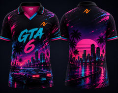 Front and back view of GTA 6 Neon Eclipse V-neck polo esports jersey featuring cyber sunset skyline, retro supercar artwork, palm trees, and orange logo placement on chest and back neck