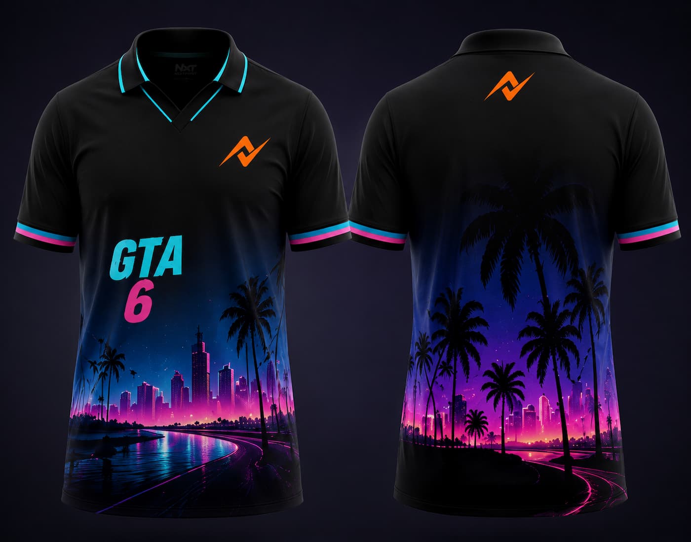 Front and back view of GTA 6 Neon Nights black V-neck polo esports jersey with neon skyline graphics and orange chest and back neck logo