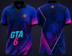Front and back view of GTA 6 Neon Velocity electric blue V-neck polo esports jersey with neon graphics and orange chest and back neck logo
