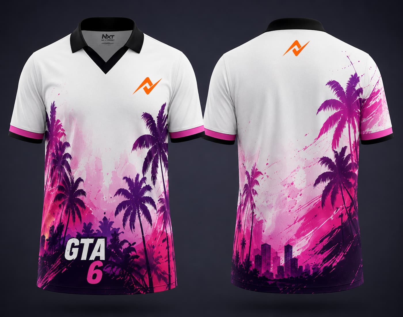 Front and back view of GTA 6 Tropical Splash white and pink V-neck polo esports jersey with orange logo on chest and back neck