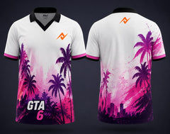 Front and back view of GTA 6 Tropical Splash white and pink V-neck polo esports jersey with orange logo on chest and back neck
