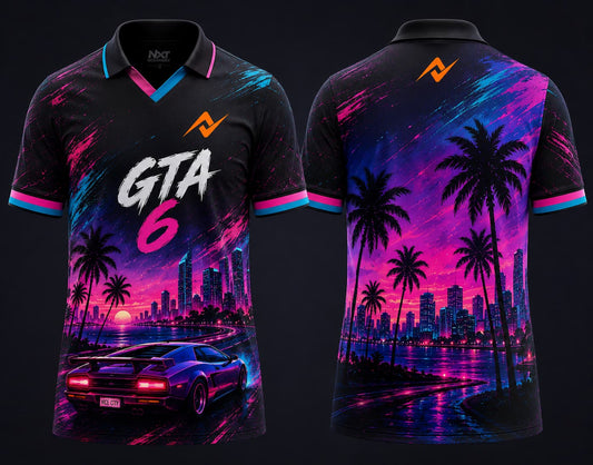 Front and back view of GTA 6 Vice City Drift black V-neck polo esports jersey featuring neon city skyline, sports car artwork, and orange chest and back neck logo