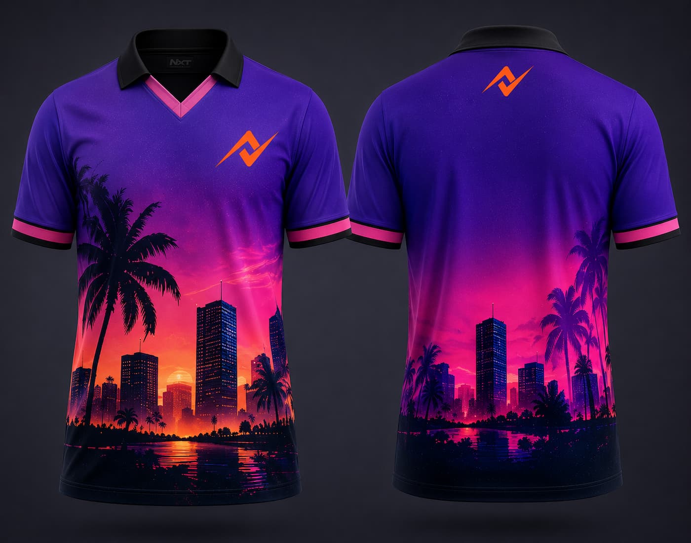 GTA 6 Vice City Sunset purple V-neck polo collar esports jersey with orange logo on chest and back neck front and back view
