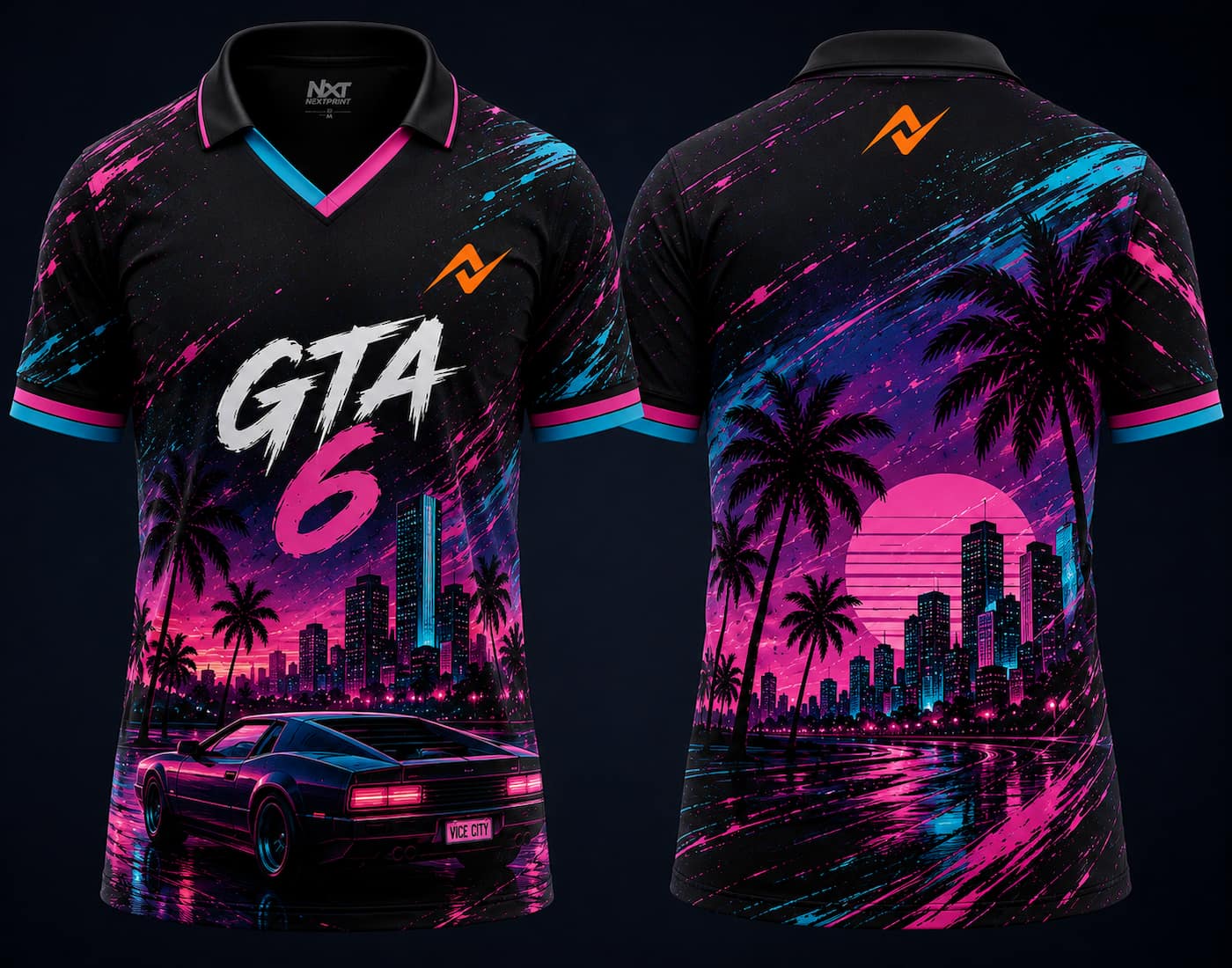 Front and back view of GTA 6 Vice City Sunset retro neon V-neck polo esports jersey featuring city skyline, palm trees, sports car artwork, and orange logo placement