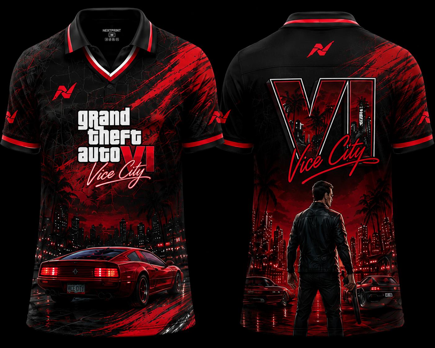 GTA VI Vice City Shadowline Jersey | Black & Red V-Neck Polo Gaming Jersey | Custom Name & Number
