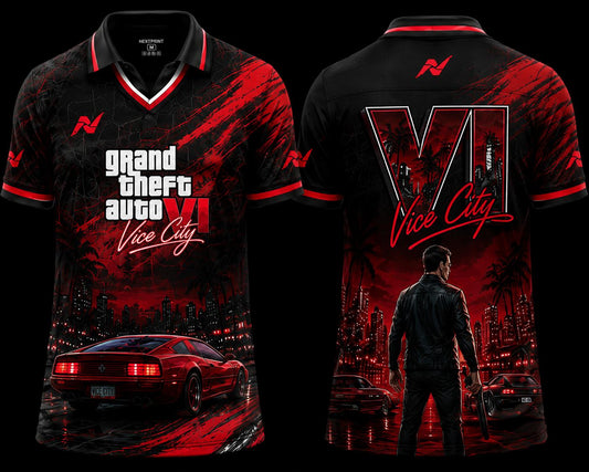 GTA VI Vice City Shadowline Jersey | Black & Red V-Neck Polo Gaming Jersey | Custom Name & Number