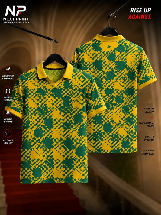 Yellow and green heritage pattern custom performance polo jersey with front and back view for sports teams and athletic wear.