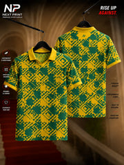 Yellow and green heritage pattern custom performance polo jersey with front and back view for sports teams and athletic wear.