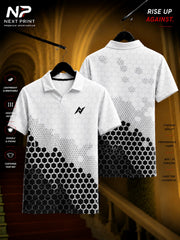 White polo sports jersey with black hexagonal gradient pattern, premium dry-fit performance fabric, front and back view.