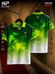 Green hexagon pattern custom performance polo sports jersey with front and back views, featuring a modern geometric design for team sports.