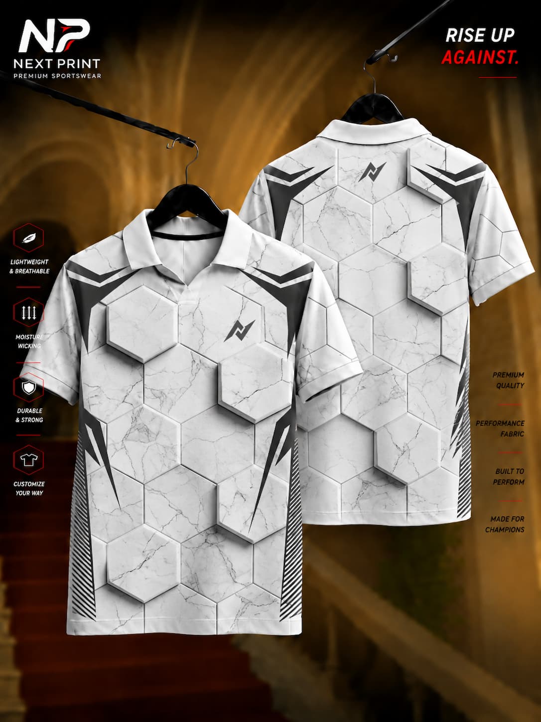 White polo sports jersey featuring a 3D hexagonal marble pattern with charcoal accents, premium dry-fit fabric, front and back view.