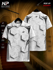White polo sports jersey featuring a 3D hexagonal marble pattern with charcoal accents, premium dry-fit fabric, front and back view.