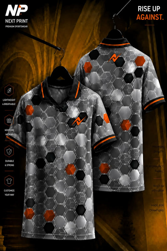 Front and back view of a grey hexagon honeycomb polo sports jersey with black and orange accents on premium dry-fit performance fabric.