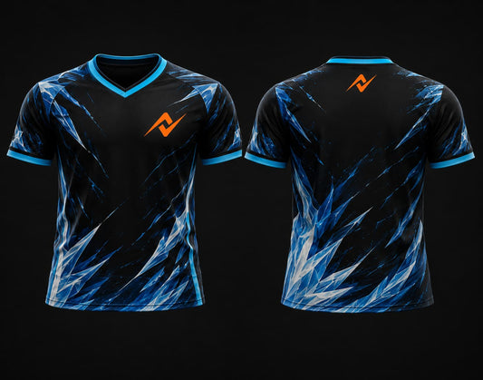 Front and back view of Ice Breaker blue and black V-neck esports jersey featuring an ice crystal pattern with custom logo on the chest and below the back collar.