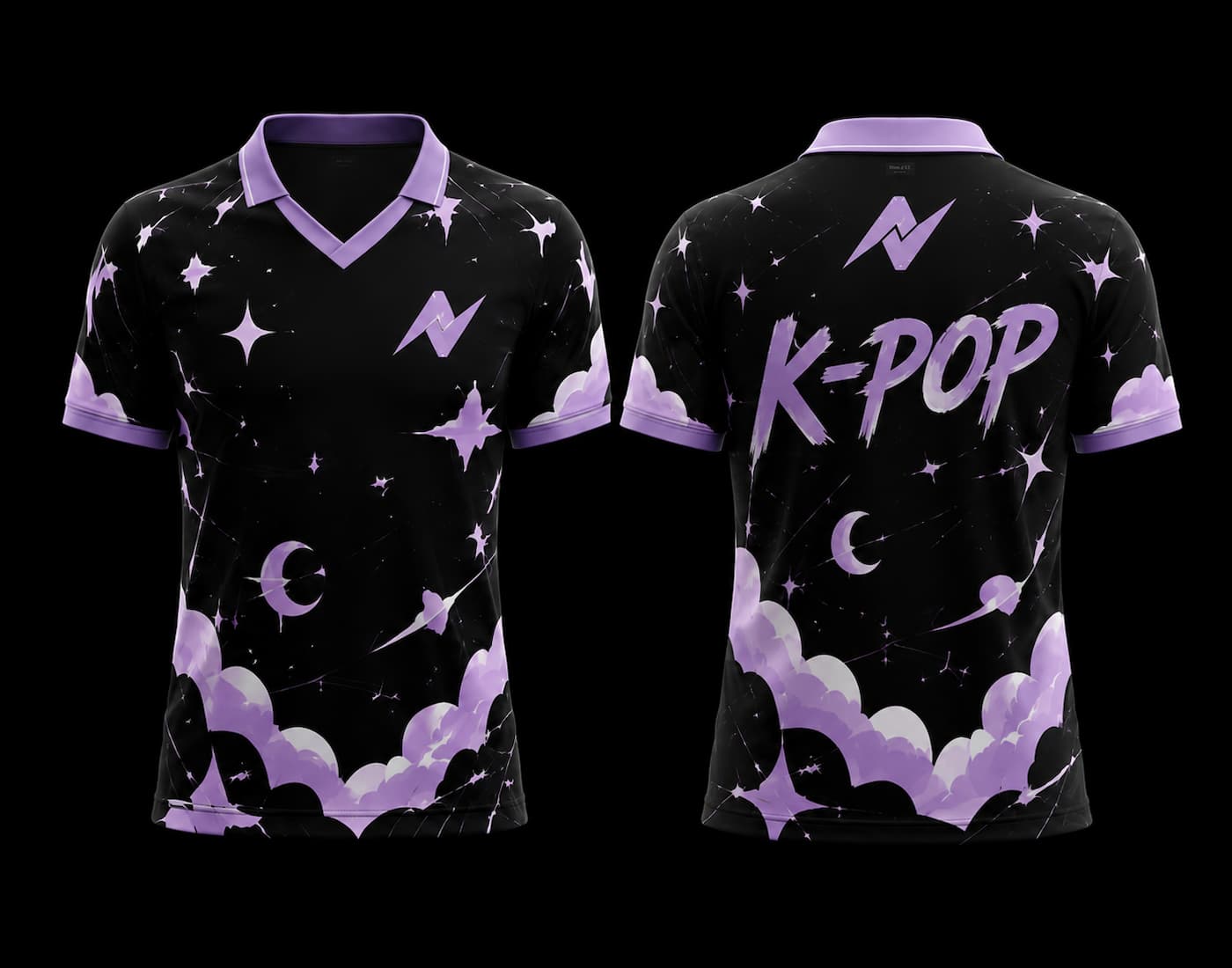 Front and back view of a black and lavender V-neck polo K-pop jersey featuring galaxy-inspired clouds, stars, crescent moon graphics, and premium sublimation printing.