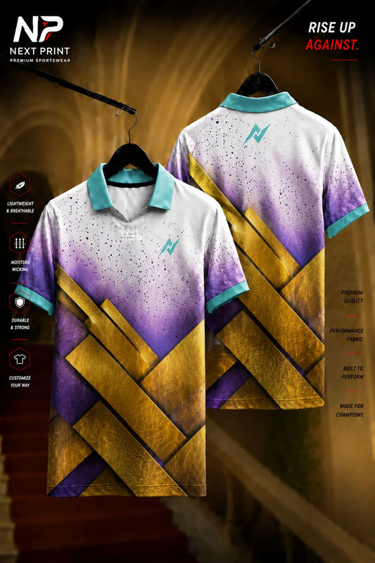White, purple, and gold polo sports jersey with metallic diagonal stripe design shown in front and back views, made from premium dry-fit performance fabric.