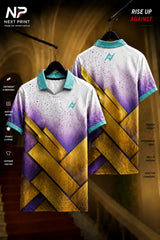 White, purple, and gold polo sports jersey with metallic diagonal stripe design shown in front and back views, made from premium dry-fit performance fabric.