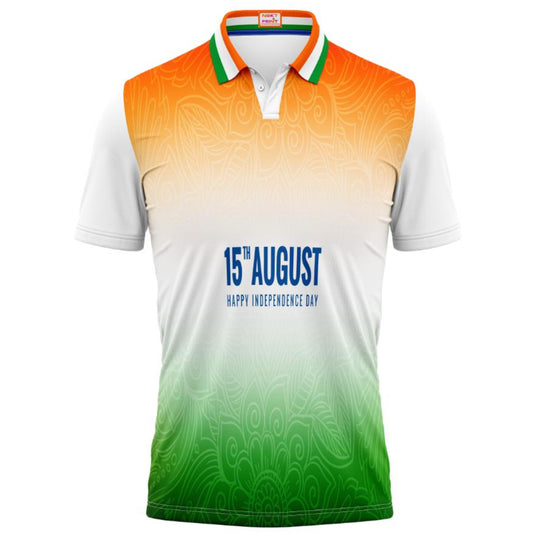 India 15 August Happy Independence Day Tricolor Gradient Patriotic Polo T Shirt with saffron white green gradient patriotic design