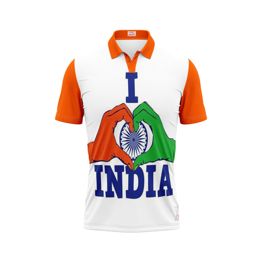 India patriotic polo t-shirt featuring I Love India typography, tricolor heart hands design and Ashoka Chakra artwork