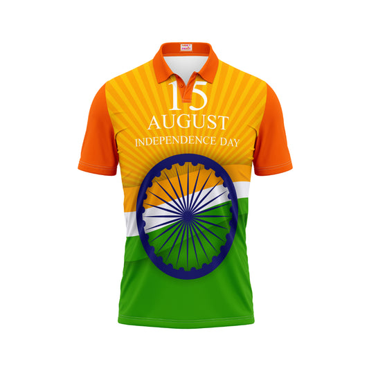India Independence Day polo t-shirt featuring 15 August typography, Ashoka Chakra artwork and patriotic tricolor design