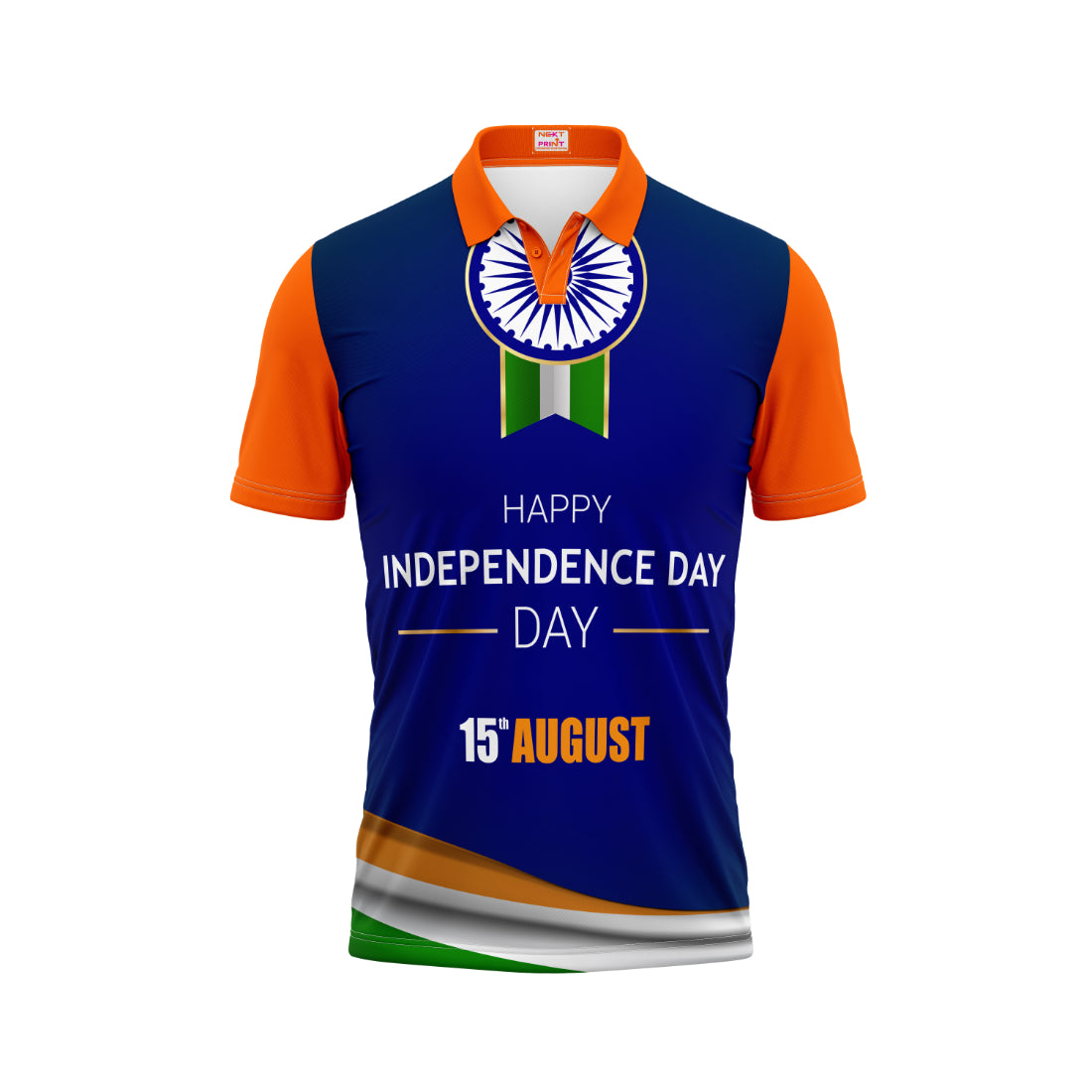 India Independence Day polo t-shirt featuring Ashoka Chakra ribbon badge and 15th August patriotic design