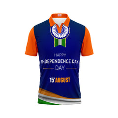 India Independence Day polo t-shirt featuring Ashoka Chakra ribbon badge and 15th August patriotic design