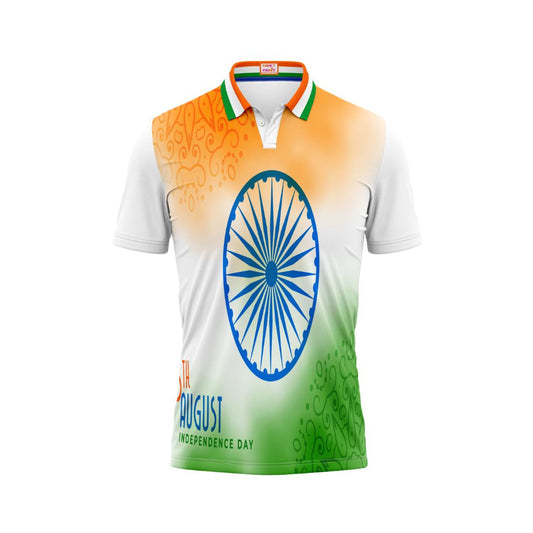 India Independence Day patriotic polo t-shirt featuring large Ashoka Chakra with artistic tricolor background and 15th August celebration theme