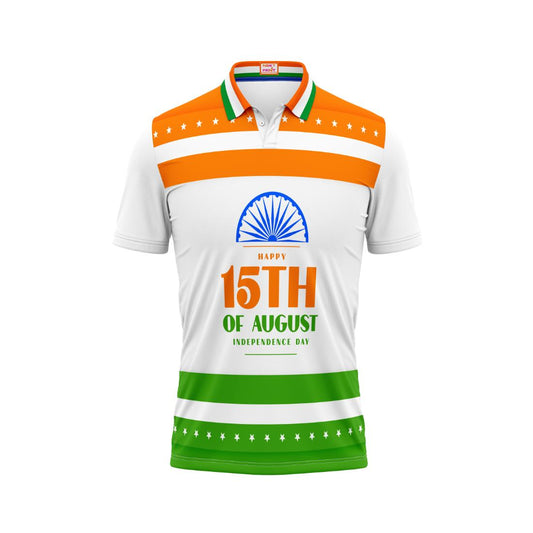 India Independence Day patriotic polo t-shirt featuring 15th August typography, Ashoka Chakra emblem, and tricolor star stripe design