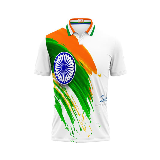 India Independence Day Ashoka Chakra Tricolor Patriotic Polo T-Shirt with Brush Stroke Tricolor Design | NextPrint