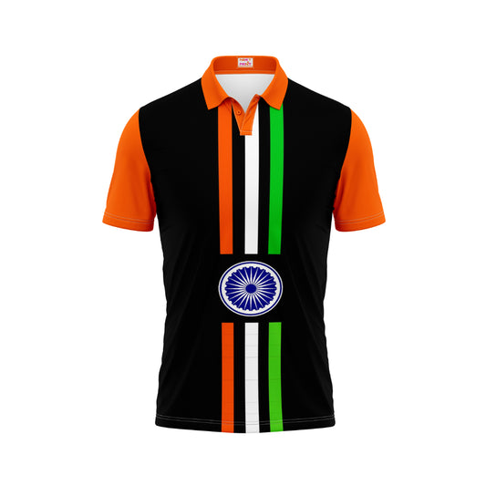 India Independence Day Black Tricolor Stripe Ashoka Chakra Patriotic Polo T Shirt with Modern National Pride Design | NextPrint